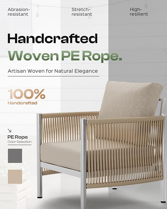 Aluminum Outdoor Patio Furniture Set with Dual-Layer Coffee Table, 5 Piece Modern Patio Conversation Sets with PE Rope, Outdoor Sectional Sofa with Thick Cushions for Balcony, Deck, Beige