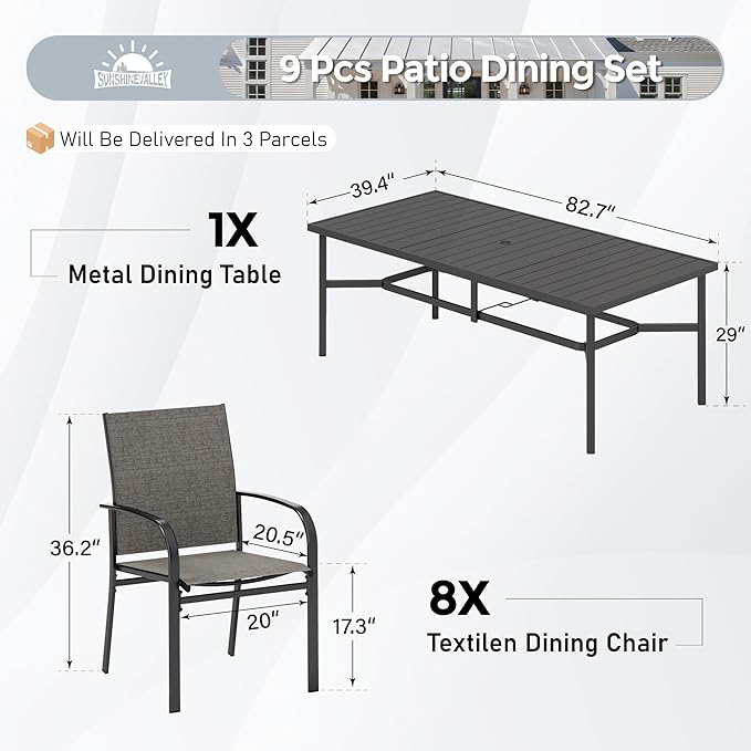 Patio Dining Set 9 PCS, 8 Stable Outdoor Dining Chairs with Rectangular Dining Table, Patio Table and Chairs Set for Lawn,Deck and Backyard