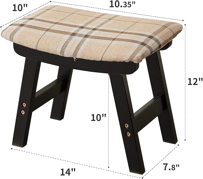 Foot Stool,Ottoman,Bamboo Small Sofa Foot Rest Under Desk,Extra Seating for Living Room, Bedroom and Kitchen (Black Stool Legs - Stripes Surface)