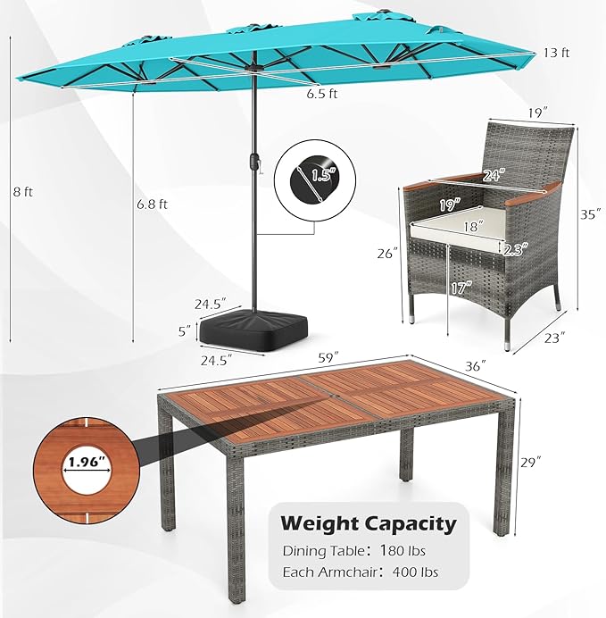 Tangkula 9 Piece Rattan Outdoor Dining Set with 13Ft Umbrella for 6, Outdoor Wicker Table Set with 6 Cushioned Armchairs, Acacia Wood Top, Outdoor Umbrella & with Base Included
