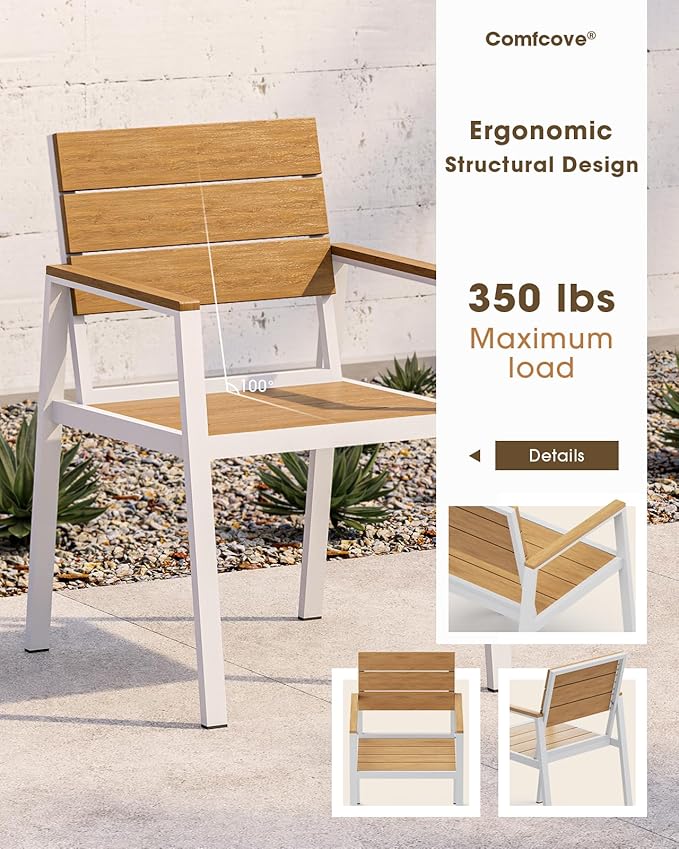 Outdoor Patio Dining Table, Aluminum & HDPS Outdoor Table with Umbrella Hole, All-Weather for Deck, Garden, Lawn, Backyard, Poolside (White & Teak)