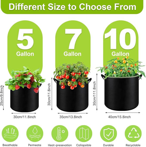 6-Pack 5/7/10 Gallon Grow Bags - 300G Heavy Duty Aeration Fabric Pots with Handles,Thickened Nonwoven Planter Bags for Vegetables Flowers Fruits