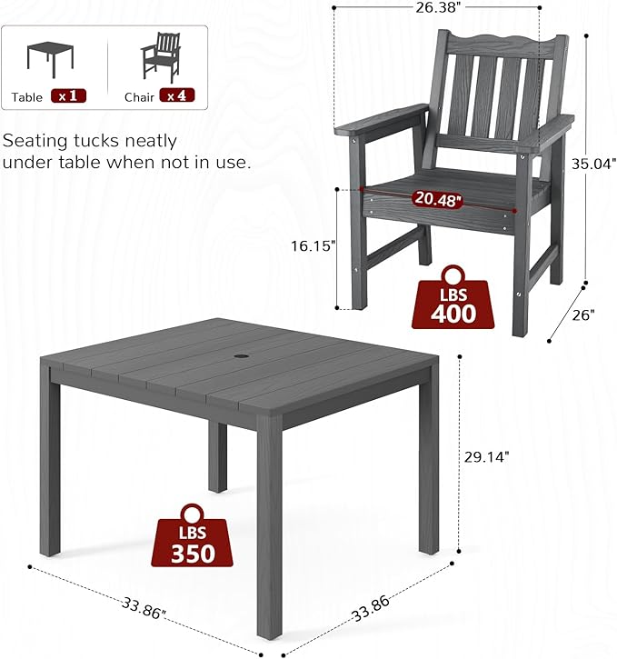 Stoog All-Weather Patio Dining Table for 4, HIPS & Aluminum Frame Outdoor Dining Table with Umbrella Hole, for Garden, Backyard and Lawn, Grey
