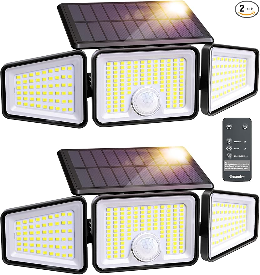 Ensenior Solar Lights Outdoor Motion Sensor, 2600LM 220 LED High Brightness, 3 Head 270° Wide Angle Flood Lights, Remote Control Security Lights 4 Modes, IP65 Waterproof Wireless Wall Light, 2 Pack