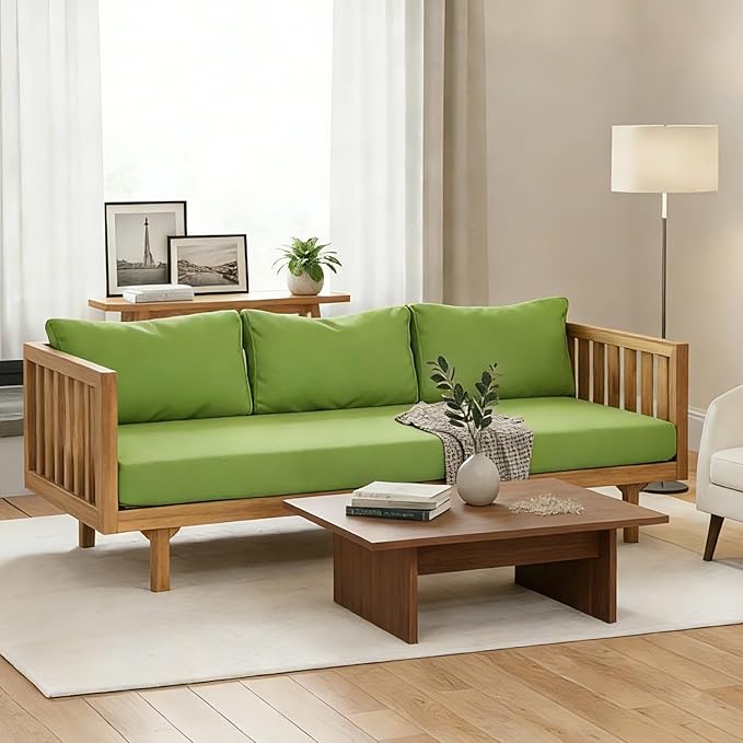 Merax Solid Acacia Wood Couch Chaise Lounge Chair Indoor, 3 Seater Daybed Sofa Couches with Cushions & Pillow, Heavy Frame Day Bed for Living Room, Office, Outdoor, Balcony, Patio, Water Resistant