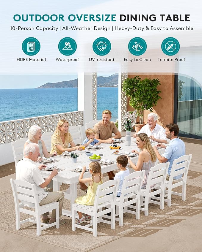 SERWALL 9 Piece Outdoor Dining Set, 84" HDPE Outdoor Table and Chairs for 8，All Weather Patio Furniture Set with Umbrella Hole for Backyard, Garden, White
