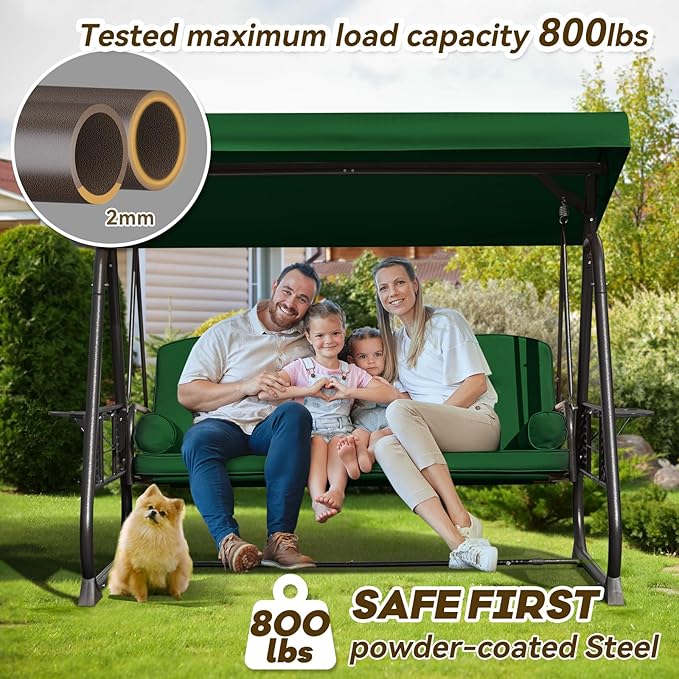 3 in 1 Outdoor Porch Swing with Adjustable Canopy, 3 Seat Outdoor Swing for Adults, Patio Swing Chair with Thickened Cushions,Pillows & Cup Holders for Backyard, Porch, Garden (Green)