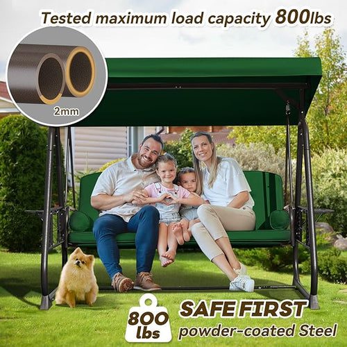 3 in 1 Outdoor Porch Swing with Adjustable Canopy, 3 Seat Outdoor Swing for Adults, Patio Swing Chair with Thickened Cushions,Pillows & Cup Holders for Backyard, Porch, Garden (Green)
