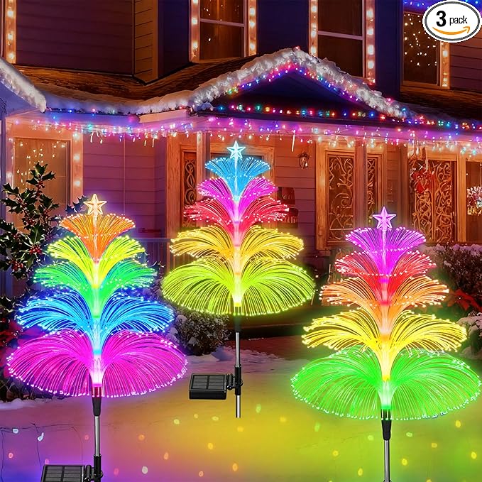 Solar Lights Outdoor Waterproof 7 Colorful Changing Ice Cream Rainbow Jellyfish Lights 3 Pack Solar Garden Lights Decor for Outside Yard Patio Pathway Decorations, Gifts for Mother's Women Kids