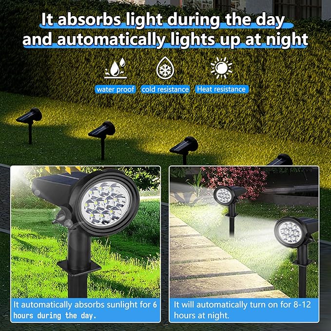 Solar Spot Lights Outdoor，Solar Lights Outdoor Waterproof IP68，Dark Sensing Auto On/Off，Suitable for Garden, Corridor Landscape Lighting and Flag Lighting. (Warm White, 4-Pack)