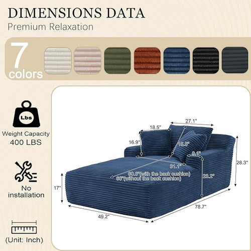 80 Inch Chaise Lounge Chair Indoor, Oversized Corduroy Upholstered Boneless Sofa Bed, Deep Seat Sleeper Couch Reading Chairs, Cloud Sofas Couches for Living Room, No Assembly Required (Blue)
