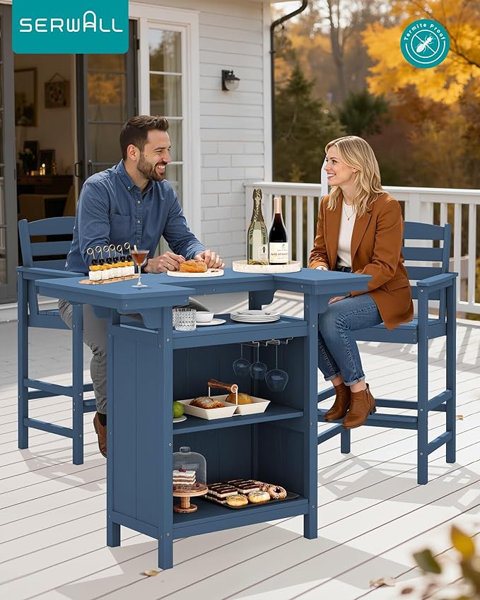 SERWALL Outdoor Bar Table Set (1 Table with 2 Chairs) – HDPE Blue Patio Bar Cabinet with 4-Tier Storage & Spacious Tabletop, Perfect for Outdoor, Poolside, Backyard