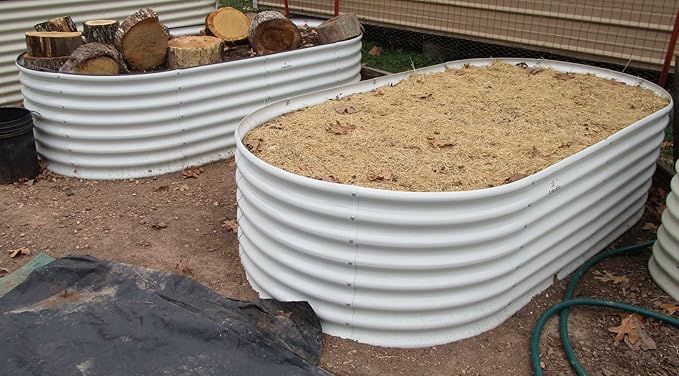 A ANLEOLIFE 12-Set 8X4X2 ft Galvanized Raised Garden Bed Kit, Oval Metal Deep Root Planters for Outdoor Plants, Antique White