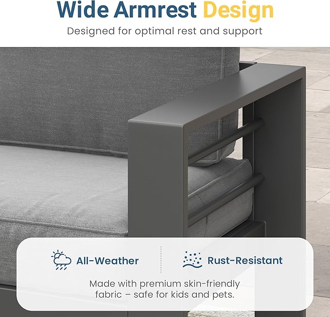 Solaste Aluminum Outdoor Patio Furniture Set, 7 Seats Patio Sectional Sofa with 5" Thick Cushion, Outdoor Patio Set with Coffee Table for Porch, Backyard, Deck, Yard, Grey