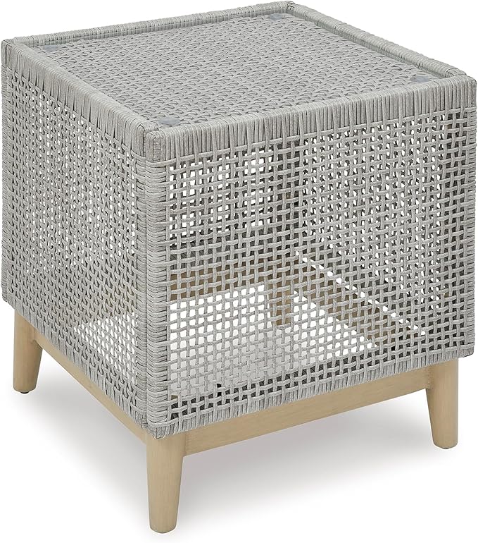 Signature Design by Ashley Seton Creek Contemporary Chic Outdoor All-Weather Resin Wicker End Table with Tempered Glass Tabletop, Gray & Light Brown