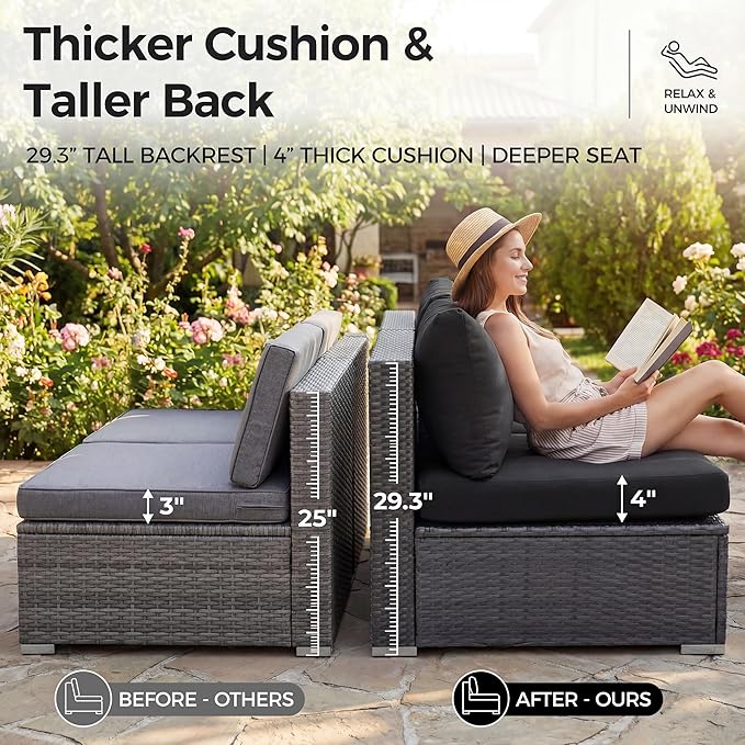 NICESOUL 11 Piece Patio Furniture with Fire Pit Natural Gas/Propane, 29.3'' High Back Outdoor Sectional with Firepit Table & Chaise Lounge, Deep Large Seating Sofa Couch, 2 Color Cushion Black & Gray