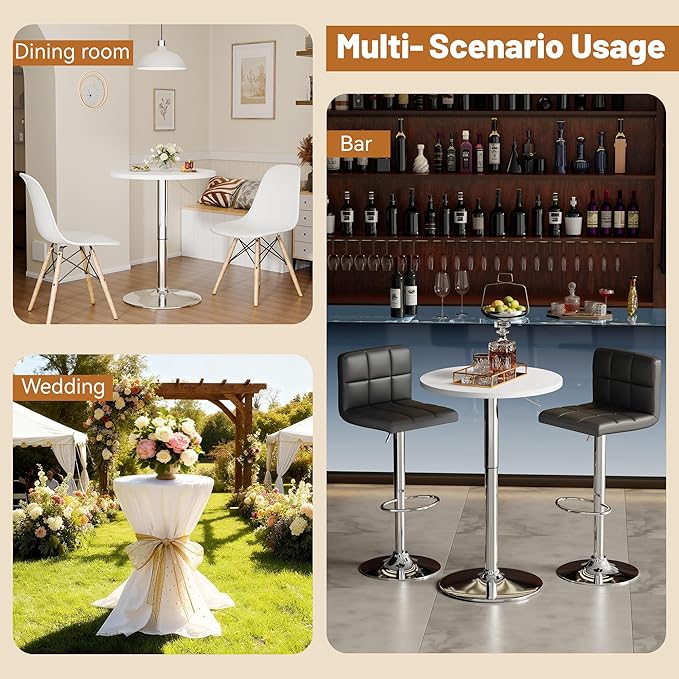 Flamaker Round Bistro Pub Table 23.6 Inch Height Adjustable 360° Swivel Bar Table Metal Base for Pub, Dining Room, Party (1, White-Silver)