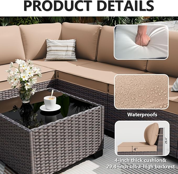 ALAULM 7 Pieces Patio Furniture Set with Fire Pit Table 55000BTU, Oversized Seat/Armrest and High Back Wicker Conversation Set with Thick Cushion for Backyard, Garden, Sand