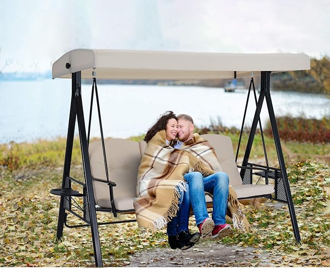 U-MAX 3-Seat Outdoor Patio Swing Chair, Swing Glider with Canopy Porch Swing, Weather Resistant Steel Frame Cup Holders Cushions, Adjustable Tilt Canopy, Beige