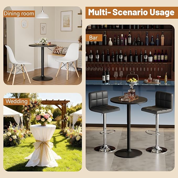 Flamaker Round Bistro Pub Table 23.6 Inch Height Adjustable 360° Swivel Bar Table Metal Base for Pub, Dining Room, Party (4, Full Black)