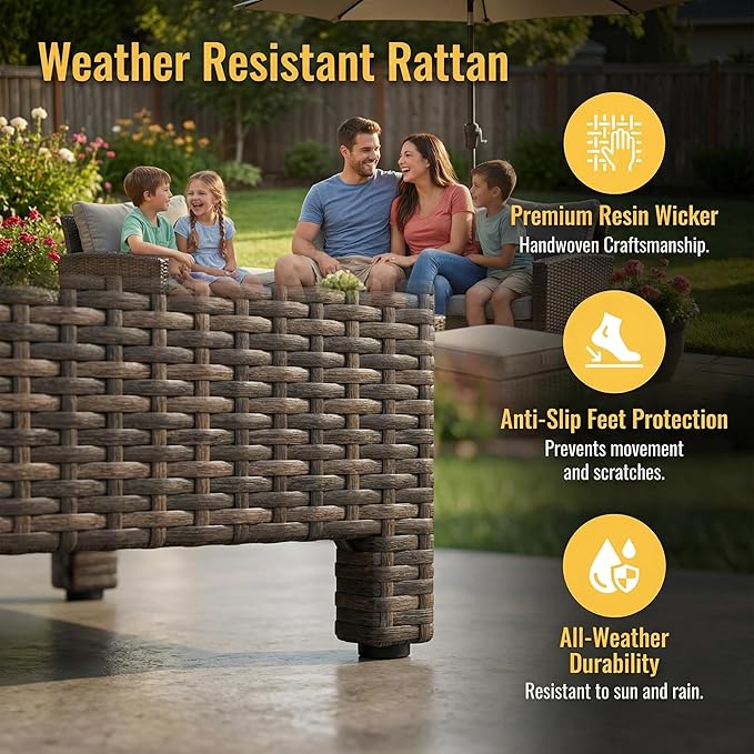 Wisteria Lane 7 Piece Patio Furniture Set, High Curved Back Wicker Patio Sectional, All Weather Outdoor Dining Set, Outdoor Furniture Patio Conversation Set with Ottoman, Blue