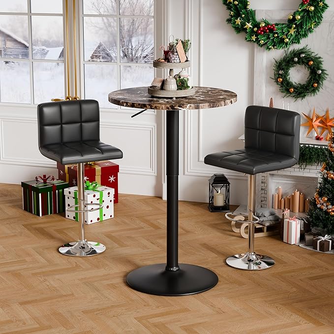Flamaker Round Bistro Pub Table 23.6 Inch Height Adjustable 360° Swivel Bar Table Metal Base for Pub, Dining Room, Party (4, Marble-Black)