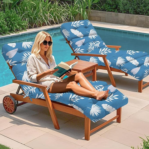 4 Pack Outdoor Chaise Lounge Chair Cushion 75.1 x 22.8 x 4.7 Inches 100% Waterproof Replacement Cotton Patio Pool Lounge Chair Cushion for Outdoor Furniture with Ties, Blue Leaf