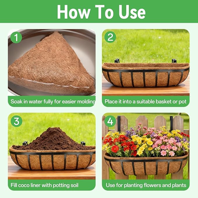 ZeeDix 24 Inch Trough Coconut Liners for Planters (2-Pack) - 100% Natural Coconut Coir Fiber Planter Liners Replacement for Window Boxes, Wall Baskets, Deck Flower Boxes, Garden Railing Fence Troughs