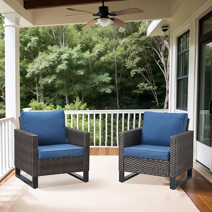 Belord Oversize Patio Chairs Set of 2 Outdoor Wicker Dining Chairs, All-Weather Rattan Patio Club Chair Furniture Sets with Water-Resistant Cushion Anti-Rust Frame Brown
