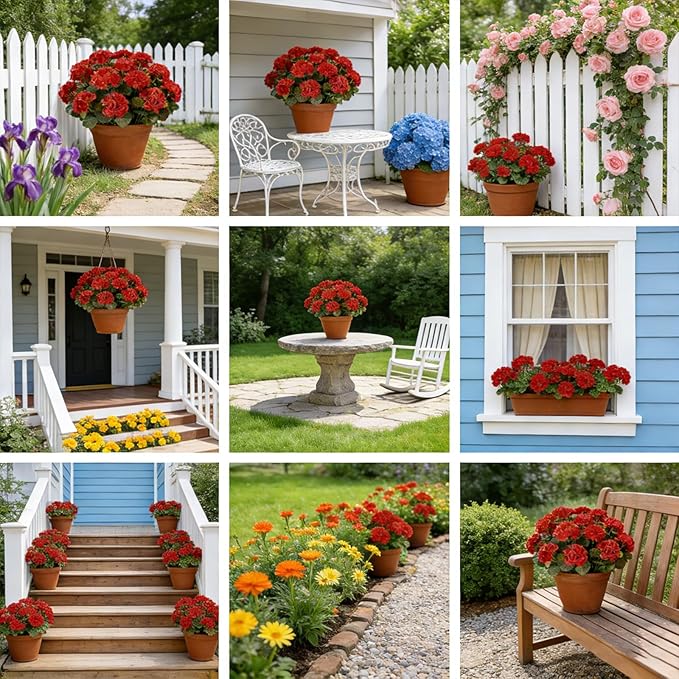 Artificial Flowers for Outdoors, 6 Bundles Realistic Silk Fake Red Geraniums, No Fade Faux Plastic Flowers for Outdoor Planters, Hanging Baskets, Window Boxes, Porch, Patio Decor
