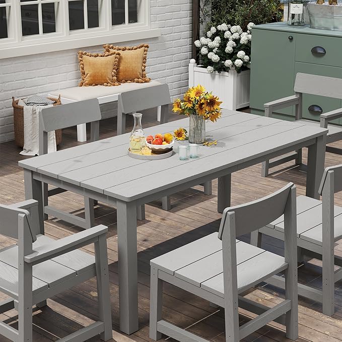 Patio Dining Sets 7 Piece HIPS Outdoor Dining Table Set with Umbrella Hole Table and 6 Chairs Furniture for Backyard Poolside Garden, Grey