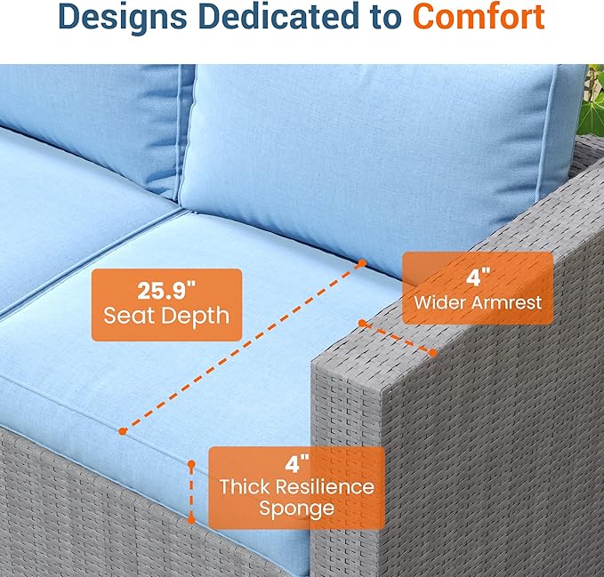 Wisteria Lane Patio Furniture Set, 2 Pieces Wicker Outdoor Furniture Patio Couch with Washable Cushions, Oversized Outdoor Sectional for Garden, Poolside, Backyard, Blue