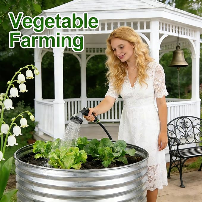 Round Galvanized Raised Garden Bed Kit, Round Galvanized Planter for Vegetables/Herbs/Flowers Heavy-Duty Steel Outdoor Water Trough (Silver, 4X4X1FT)