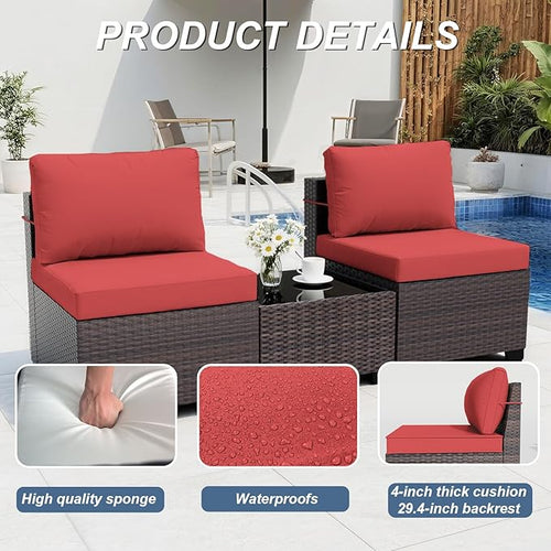 ALAULM 10 Pieces Patio Furniture Set with Propane Fire Pit Table Outdoor Sectional Sofa Sets Patio Furniture 43" Gas Fire Pit Brown PE Rattan Patio Conversation Set w/8 Seat Cushions-Red