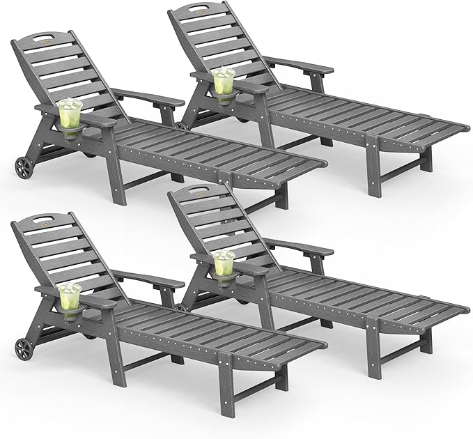 Lounge Chair Outdoor Set of 4 with Wheels, Adjustable 5-Position Chaise Lounge Outdoor, Patio Lounge Chair for Poolside Backyard, Grey