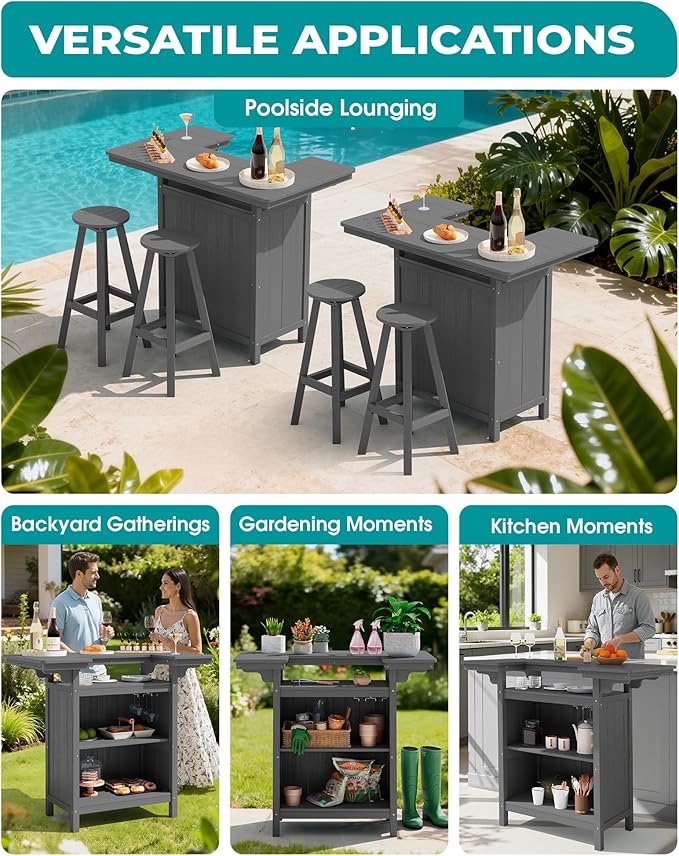 SERWALL Outdoor Bar Table,Patio Bar Cabinet with 4-Tier Storage and Spacious Tabletop for Outside,Poolside, Backyard,Made of HDPE,Gray