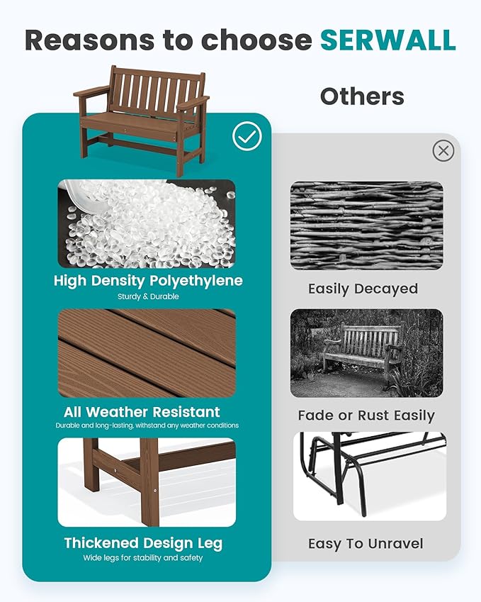 SERWALL Outdoor Bench, HDPE Outdoor Benches Weatherproof, 2-Person Garden Bench with 660 lbs Weight Capacity, Patio Benches for Outdoors, Garden, Porch, Backyard and Park, Brown, 4 Pack