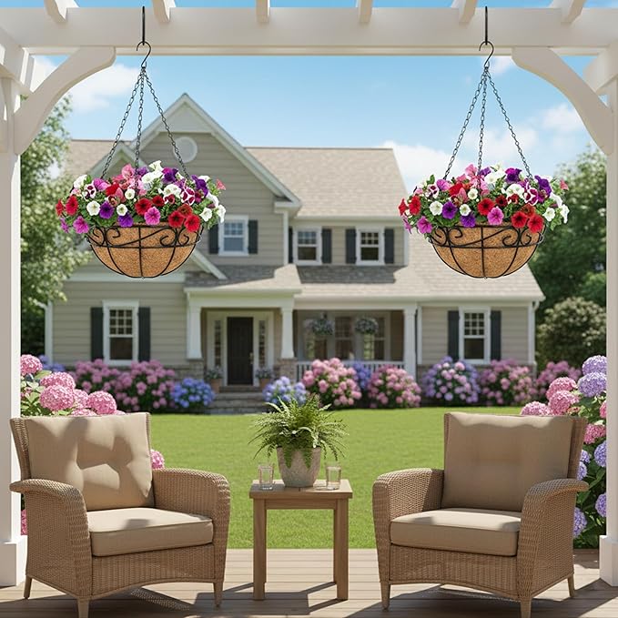 Outdoor Metal Hanging Planters Basket (4pack, 10 inch) Hanging Baskets for Plants Chain Round Wire Plant Holder with Coco Fiber Liners for Garden, Patio, Deck, Porch(Flower Border)