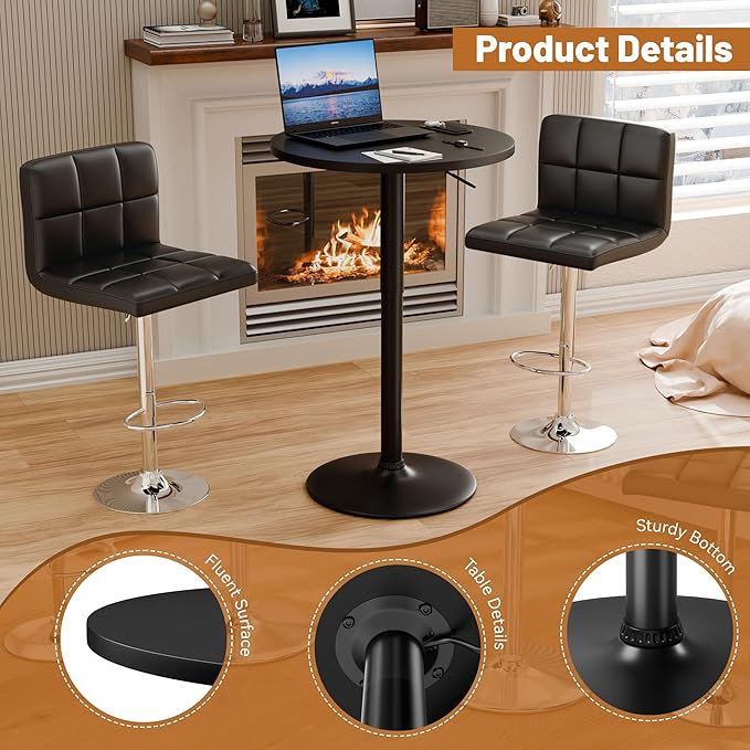 Flamaker Round Bistro Pub Table 23.6 Inch Height Adjustable 360° Swivel Bar Table Metal Base for Pub, Dining Room, Party (4, Full Black)