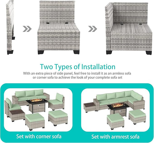 9-Piece Outdoor Patio Furniture Set with 55,000 BTU Fire Pit Table, PE Wicker Rattan Sectional Sofa Patio Conversation Set with Ottomans & Coffee Table, Light Green