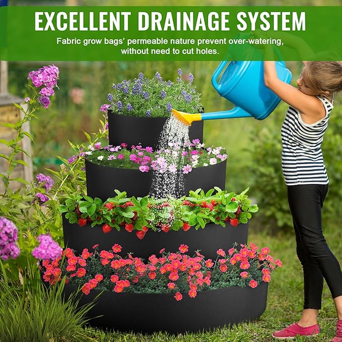 8 Pcs Plant Grow Bags 4 Tiered Strawberry Planter Tower Fabric Raised Garden Beds, 39 Inch Nonwoven Strawberry Pyramid Planter for Vegetables Flower Herbs Gardening Outdoor Growing (Black)