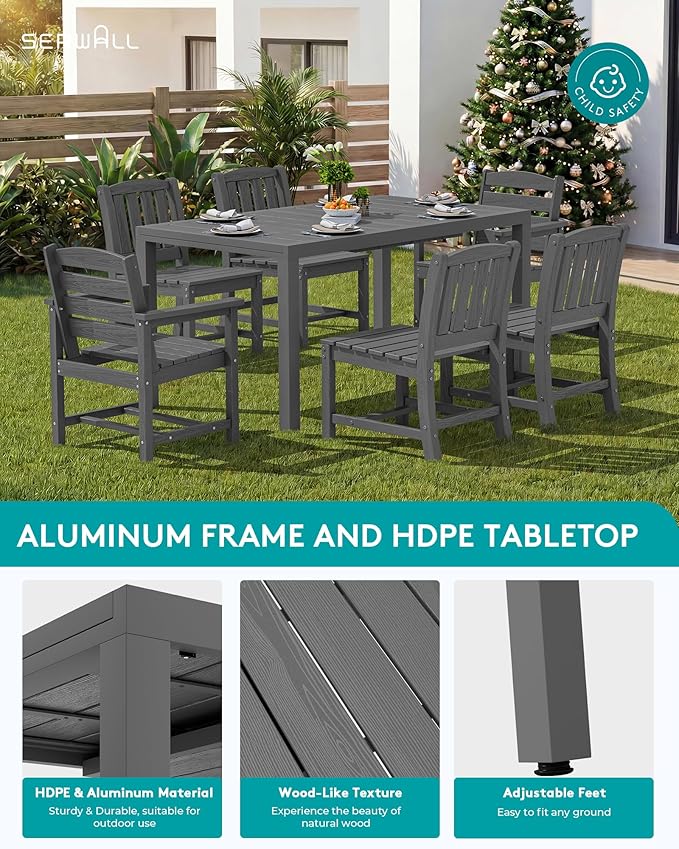 SERWALL 7-Piece Outdoor Dining Set, 60" - 83" Expandable Outdoor Dining Table and 6 HDPE Chairs, All Weather HDPE Outdoor Furniture Set for Backyard, Garden, Grey