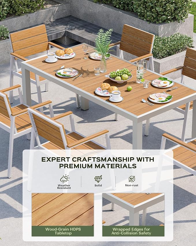 Outdoor Dining Chairs Set of 2, HDPS + Aluminum Patio Dining Chairs with Ergonomic Design and Wide Seat, 2 Piece Outdoor Chairs for Garden, Backyard, Deck (White-Teak)