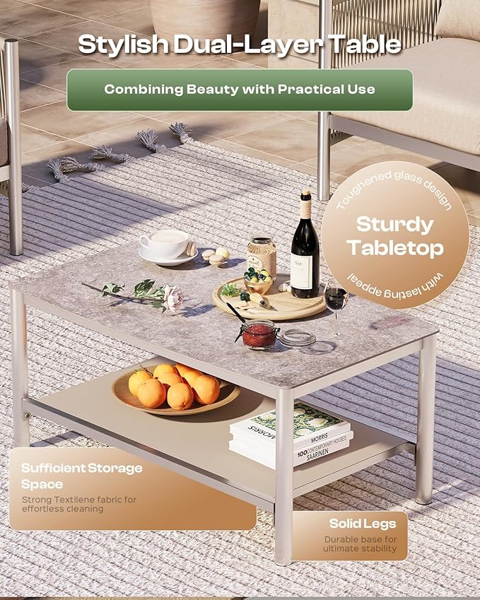 Aluminum Outdoor Patio Furniture Set with Dual-Layer Coffee Table, 5 Piece Modern Patio Conversation Sets with PE Rope, Outdoor Sectional Sofa with Thick Cushions for Balcony, Deck, Beige