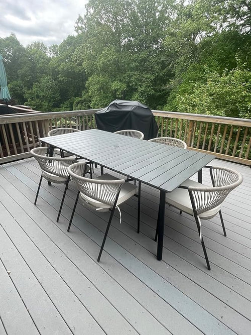 83" Patio Outdoor Dining Table for 6-8, Weather-Resistant Aluminum Frame with Wood-Grain Top & Umbrella Hole for Deck Gatherings, Grey
