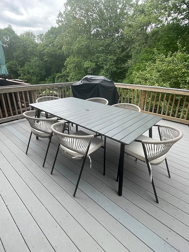 70" Patio Outdoor Dining Table for 6, Weather-Resistant Aluminum Frame with Wood-Grain Top & Umbrella Hole for Deck Gatherings, Grey