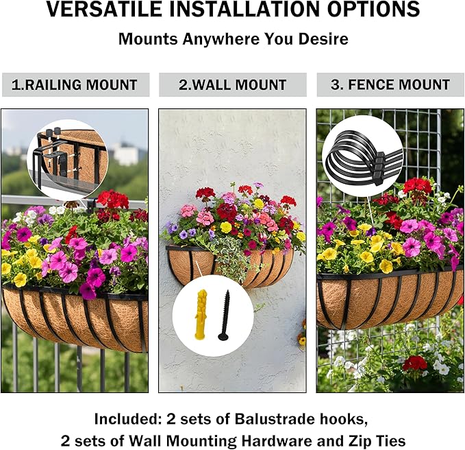 36“ Window Box Railing Planter with Coco Liner Metal Wall-Mounted Coconut Liner Planters Basket English Horse Trough Planter for Outdoor Deck Balcony Porch Fence Patio Black (4 Pack)