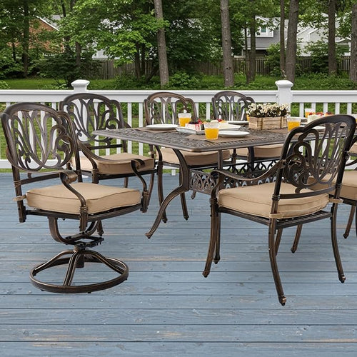 9-Piece Cast Aluminum Patio Furniture, Outdoor Dining Sets for 8 Include 87" Rectangular Patio Dining Table, 6 Stackable Chairs & 2 Swivel Chairs with Cushions & Umbrella Hole(Bronze)