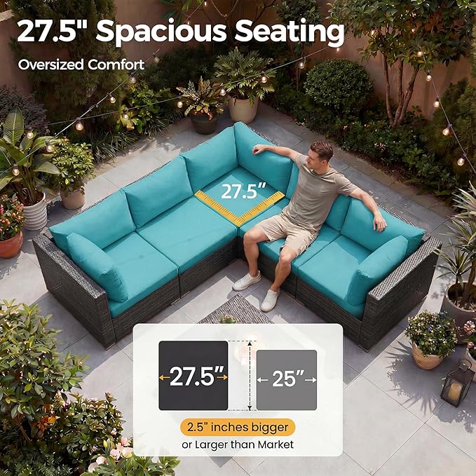 NICESOUL 7 Piece XL Large Modern Outdoor Furniture Sofa Set, 29.3'' High Back Wicker Patio Modular Sectional with Tables, All-Weather Deep Conversations for Backyard, 2 Color Cushion Turquoise & Gray