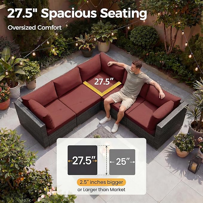 NICESOUL Backyard Furniture Set with Firepits Natural Gas/Propane, 9 Seater XL Oversized Wicker Sectional Couches, 29.3'' High Back Comfy Deep Wide Outdoor Patio Sofa Set, 2 Color Cushion Red & Gray